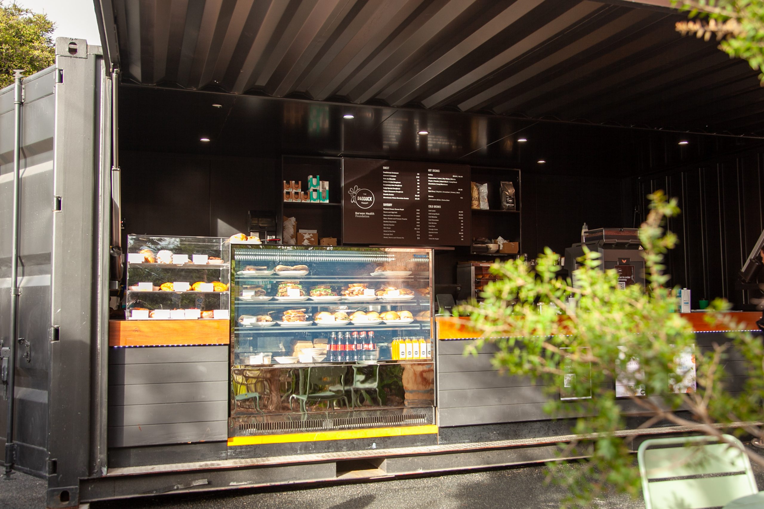 Building design services delivered by Hamilton Group for a container café collaboration between The Paddock Bakery and Barwon Health Foundation in Geelong CBD.